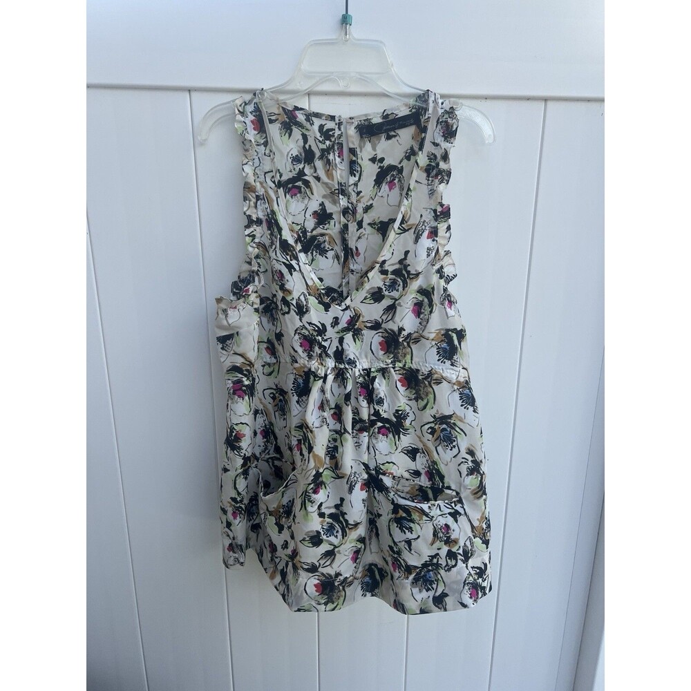 Patterson j Kincaid Women's White Patterned Sleeveless Blouse V Neck Sz Small